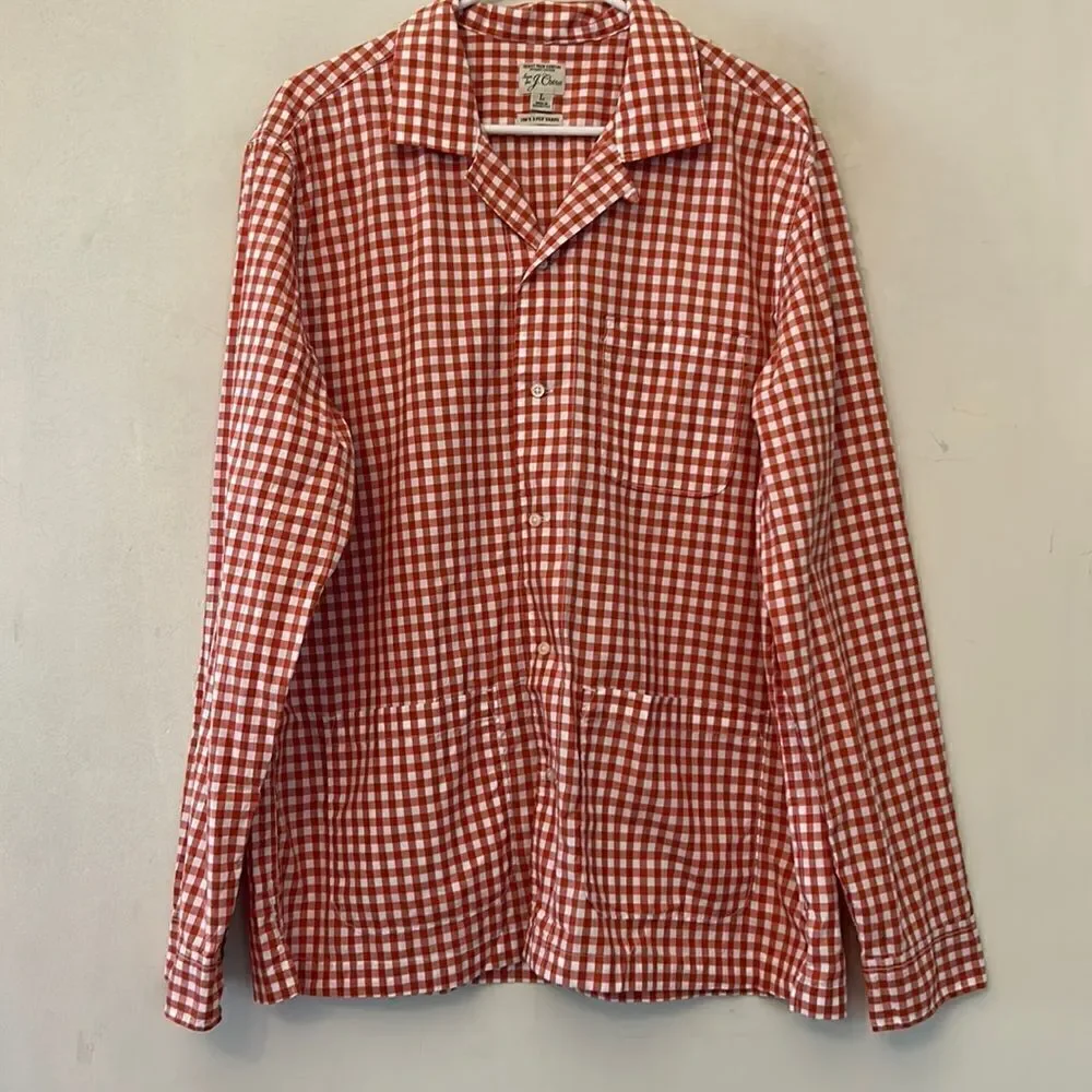 J Crew organic cotton orange white checked  front pocket shirt Size L